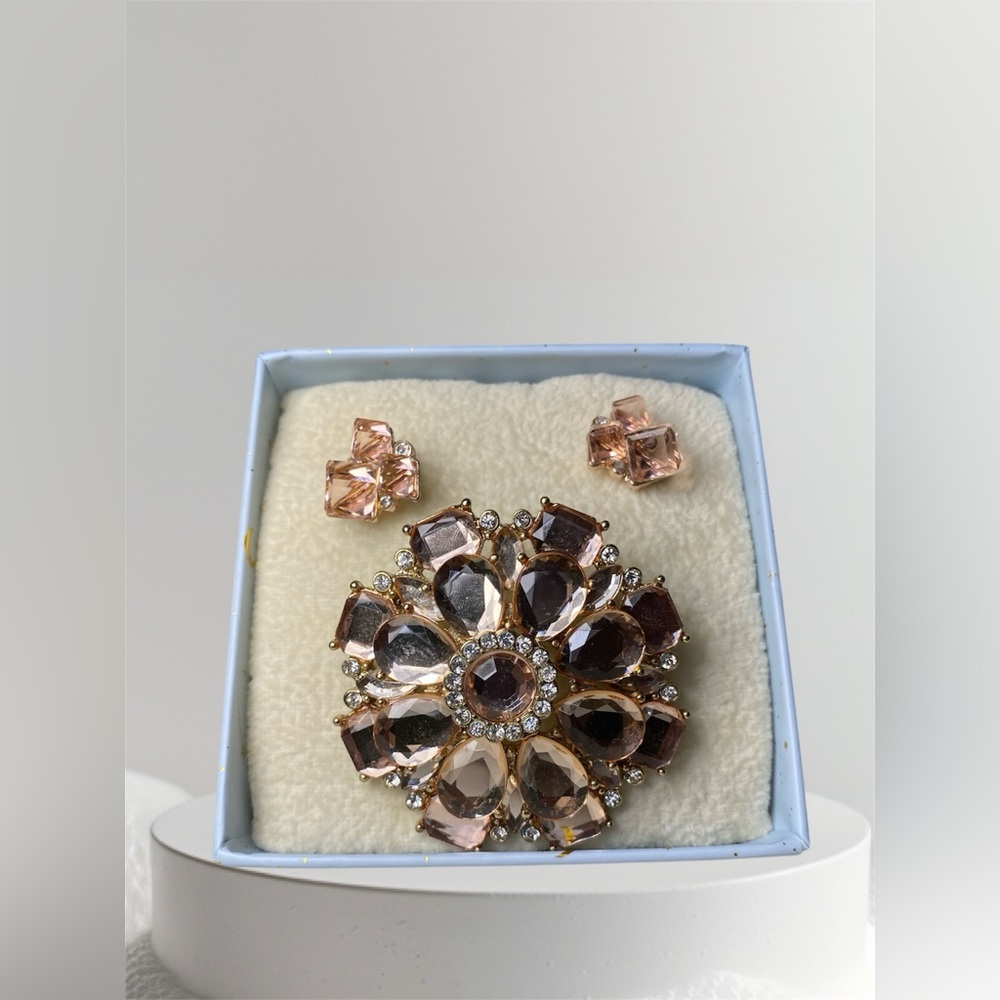 Elegant Gold and Pink Floral Brooch and Earring Set ⭐️